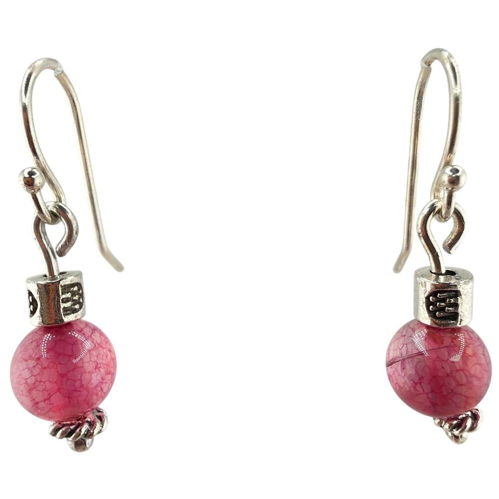 New Handcrafted Artisan Pink Agate and Silver Detail Dangle Earrings